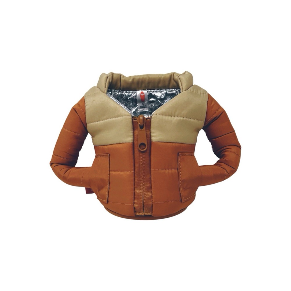 Puffin Drinkwear Can Bottle Koozie Puffer Winter Coat Brown Beige Zips Up Beer S